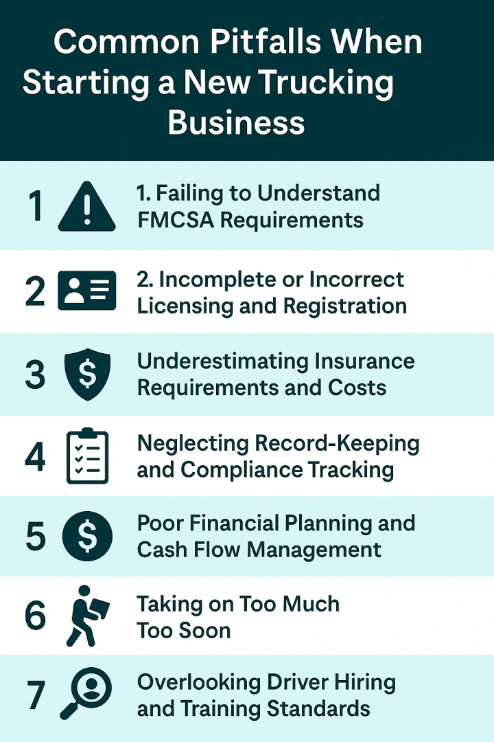 Common Pitfalls When Starting a New Trucking Business Items: 1. Failing to Understand FMCSA Requirements 2. Incomplete or Incorrect Licensing and Registration 3. Underestimating Insurance Requirements and Costs 4. Neglecting Record-Keeping and Compliance Tracking 5. Poor Financial Planning and Cash Flow Management 6. Taking on Too Much Too Soon 7. Overlooking Driver Hiring and Training Standards