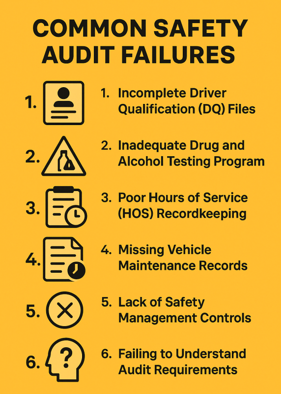 Common Safety Audit Failures

Items:

1. Incomplete Driver Qualification (DQ) Files
2. Inadequate Drug and Alcohol Testing Program
3. Poor Hours of Service (HOS) Recordkeeping
4. Missing Vehicle Maintenance Records
5. Lack of Safety Management Controls
6. Failing to Understand Audit Requirements